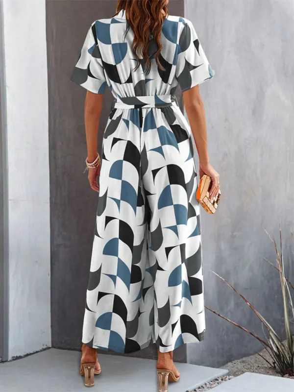Temperament Short Sleeve Contrast Print High Shorts