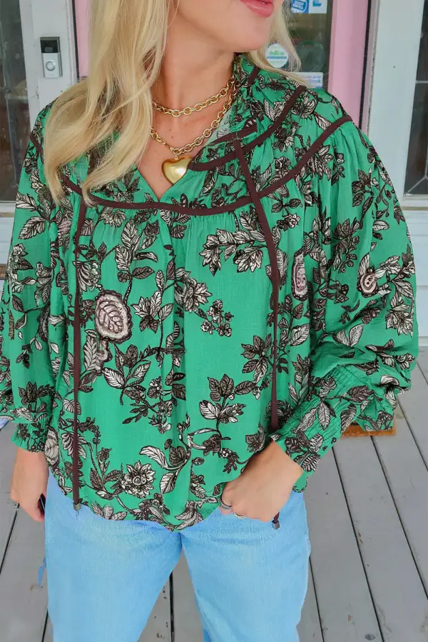 Floral Shirred V-Neck Blouse