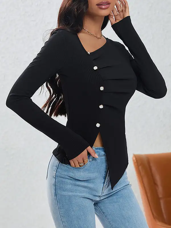 Long Sleeve Slim Fit Asymmetric Button Detail Pleat Detail Asymmetric Collar T-Shirt