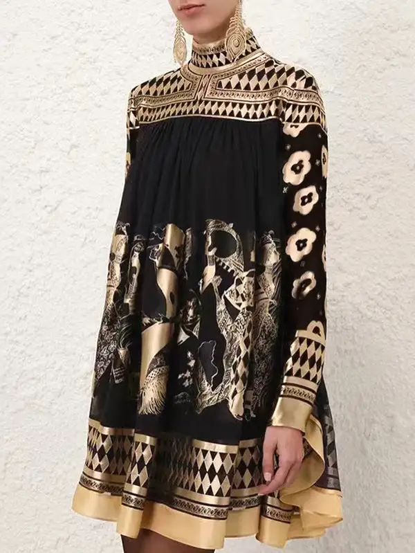 A Line Long Sleeve Bronzing Printed Split Joint Mock Neck Mini