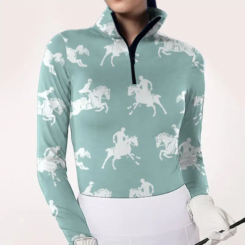 Women's Horse Rider Print Long Sleeve Riding Style Casual Shirt