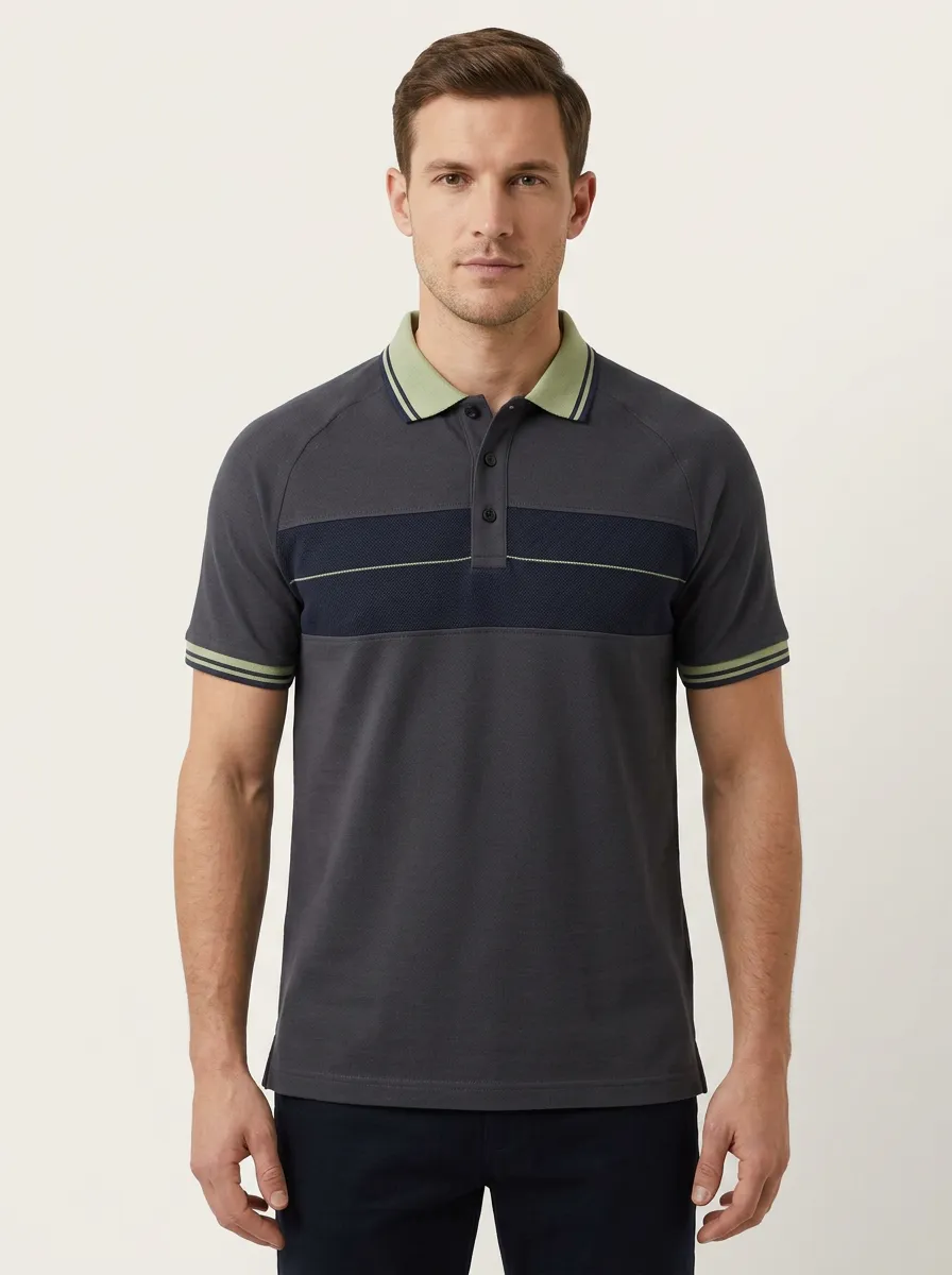 Men's Casual Colorblock Contrast Trim Printed Polo Shirt