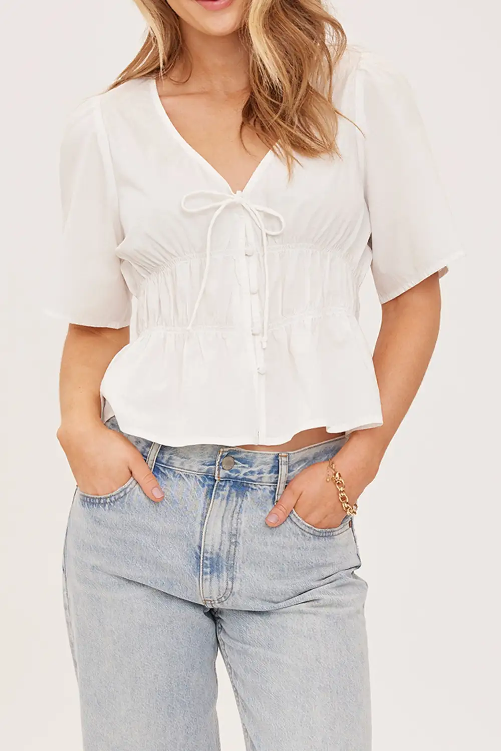 Button Front Smocked Fitted Shirt