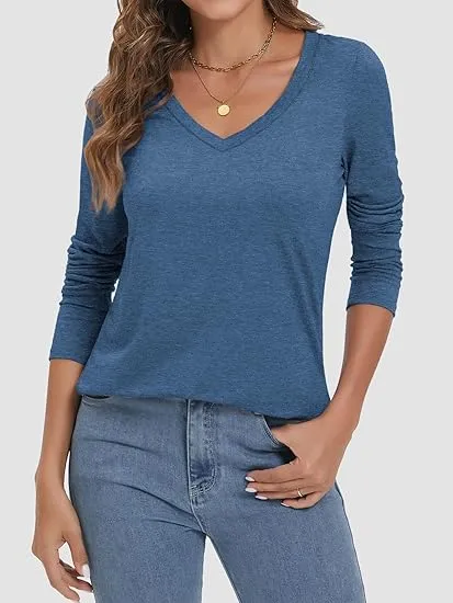 Women's V-Neck Long Sleeve Tee - Soft Curved Hem Top