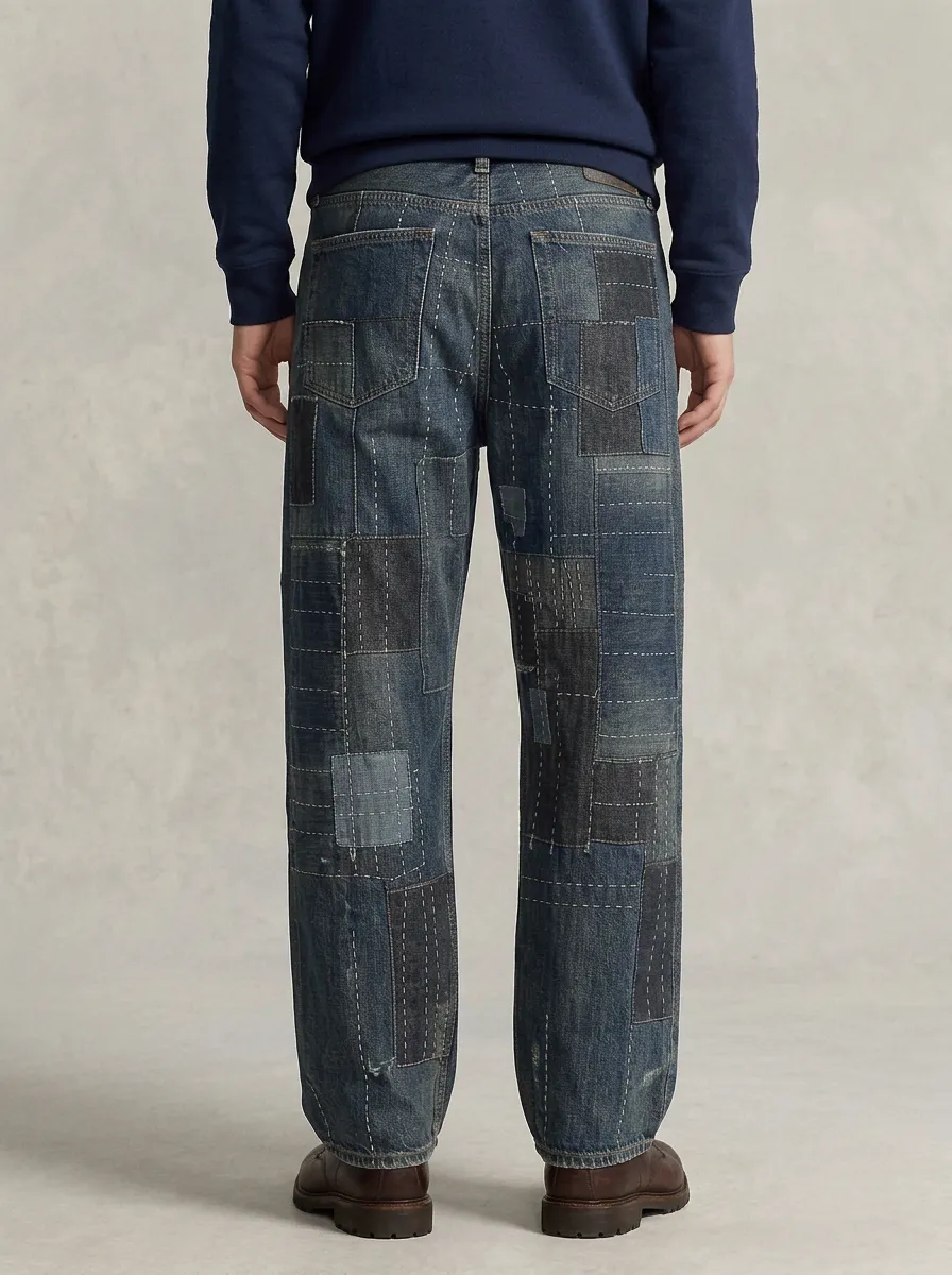 Men's Patchwork Stitch Detail Vintage Wide Leg Jeans