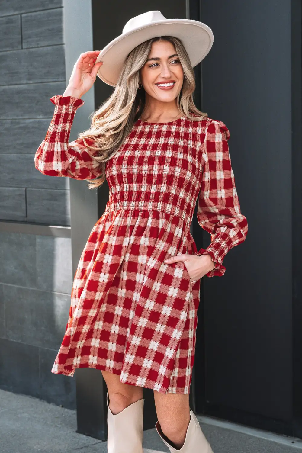 Lightweight Feel Plaid Printed Smocked Mini Dress