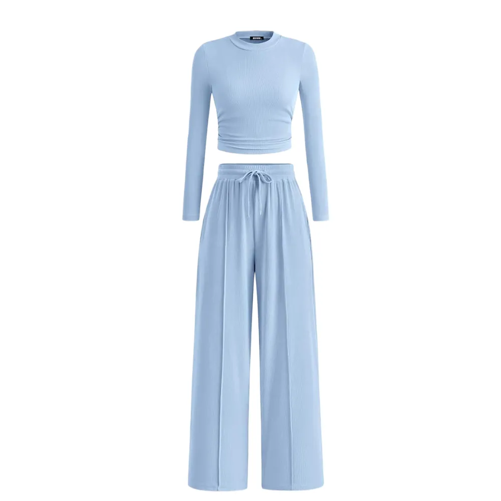 Long-Sleeve Top and Wide-Leg Pants Casual Homewear Set