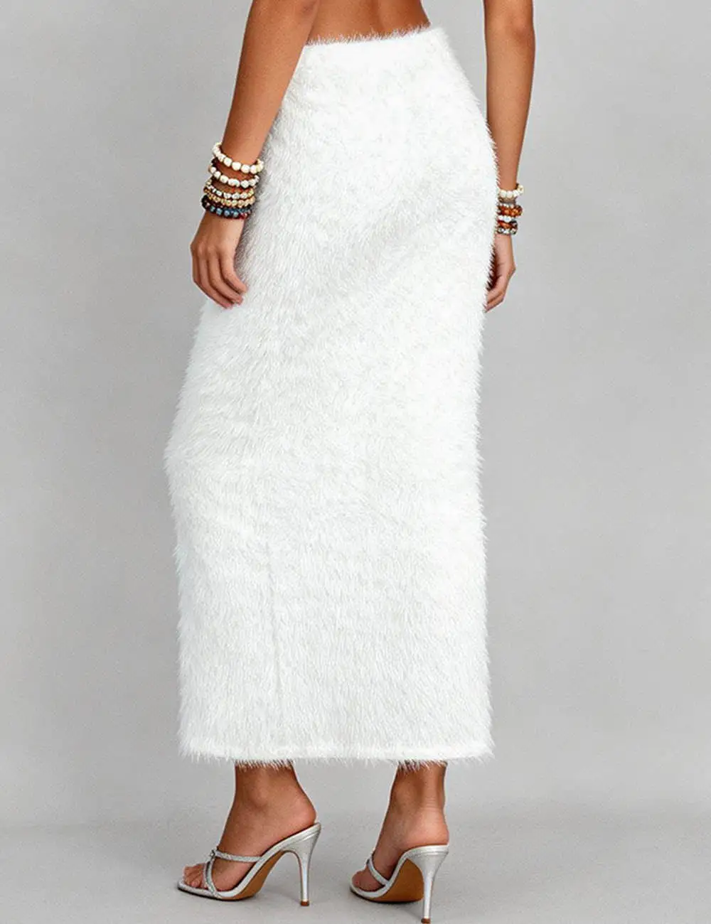 Solid Color Elastic Waist Faux Fur Fuzzy Maxi Skirt