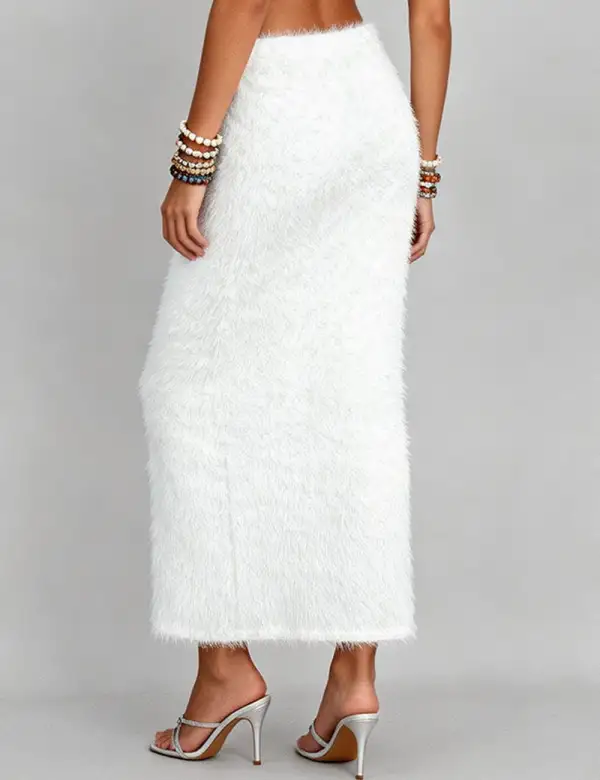 Solid Color Elastic Waist Faux Fur Fuzzy Maxi Skirt