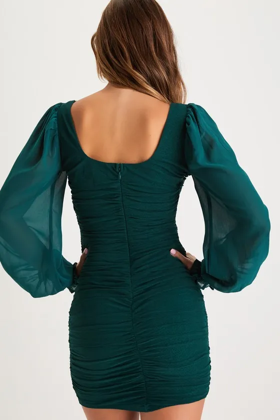 Perfect Sensation Dark Green Mesh Ruched Puff Sleeve Mini Dress