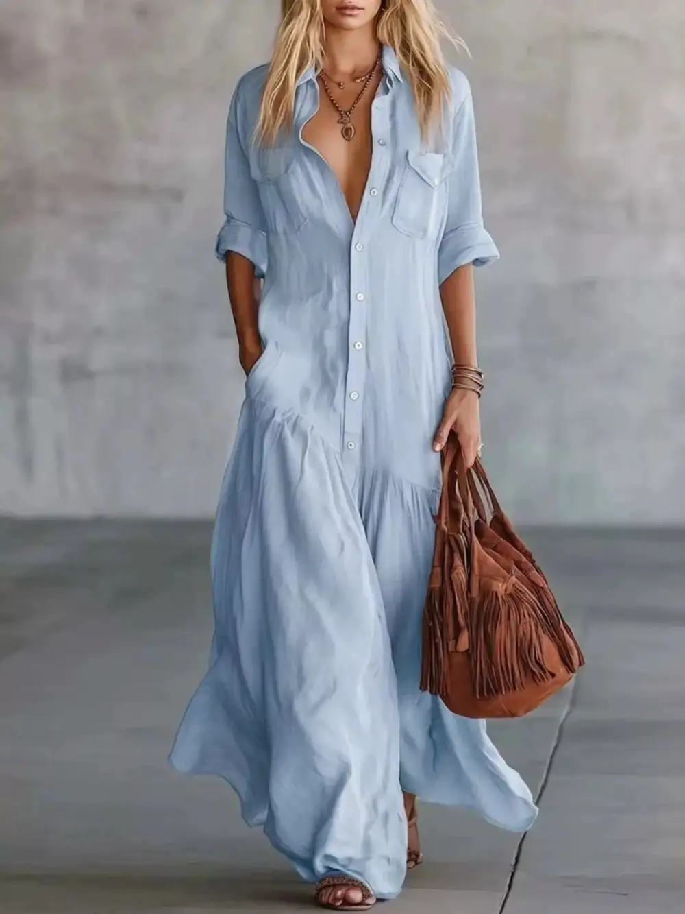 Button Front Roll-Up Sleeve Maxi Dress