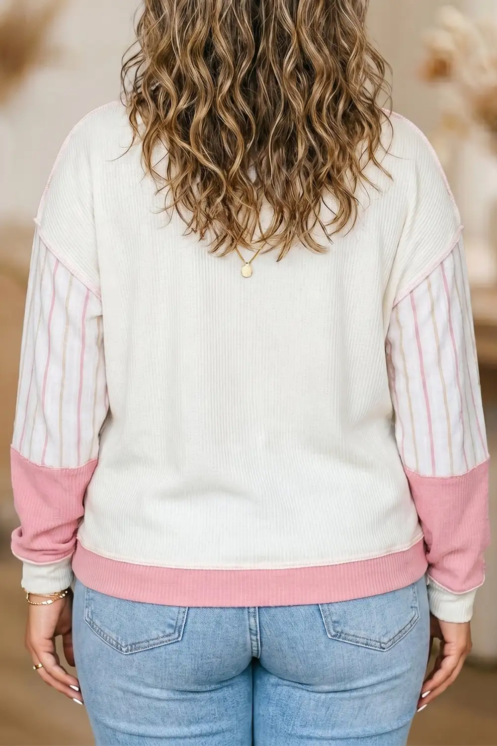 Plaid Waffle Knit Cotton Blend Long Sleeve Top