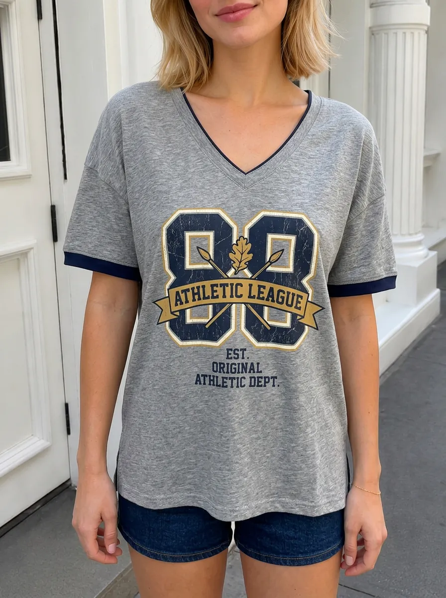 Women's Athletic League 88 Oak Leaf Printed V-Neck T-Shirt