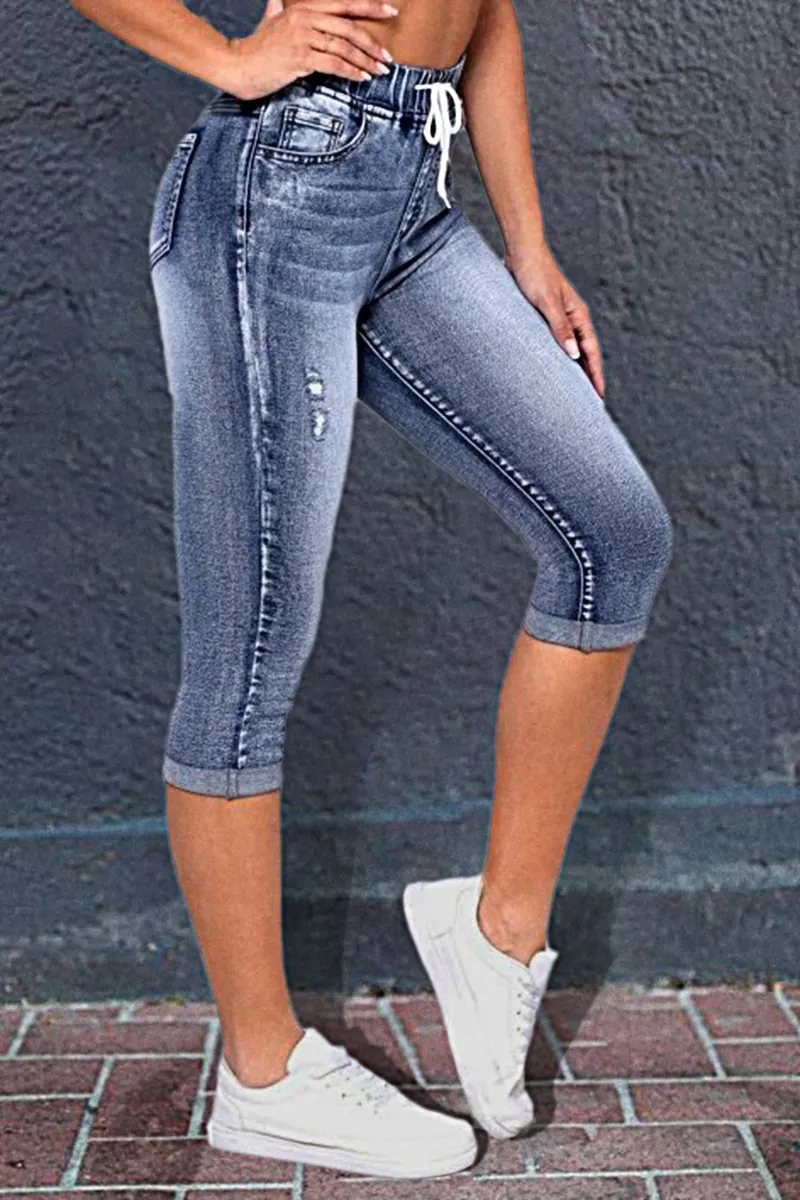 Ripped Drawstring Waist Capris Jeans