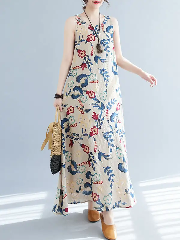 Floral Printed Sleeveless Neck Maxi Dress