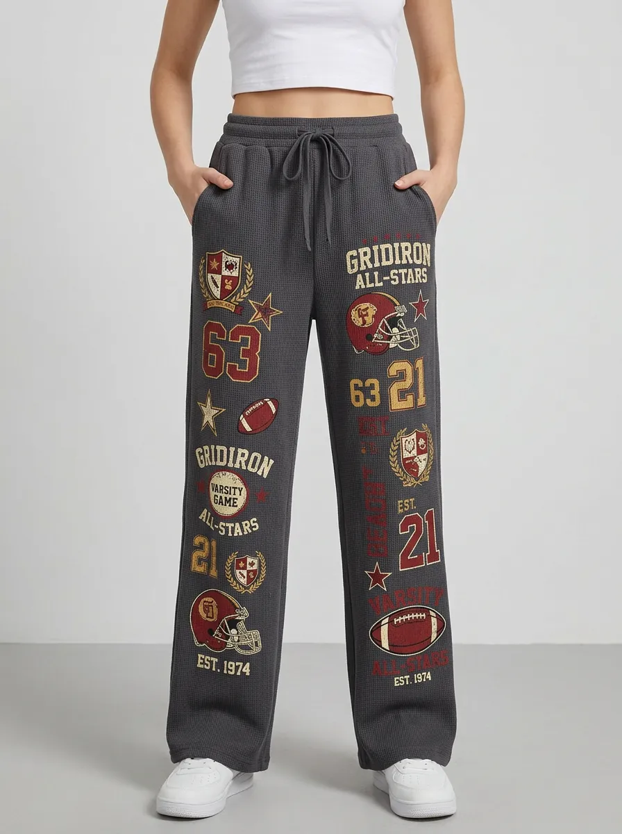 Women's Football Fan Gridiron Varsity Printed Waffle Pants