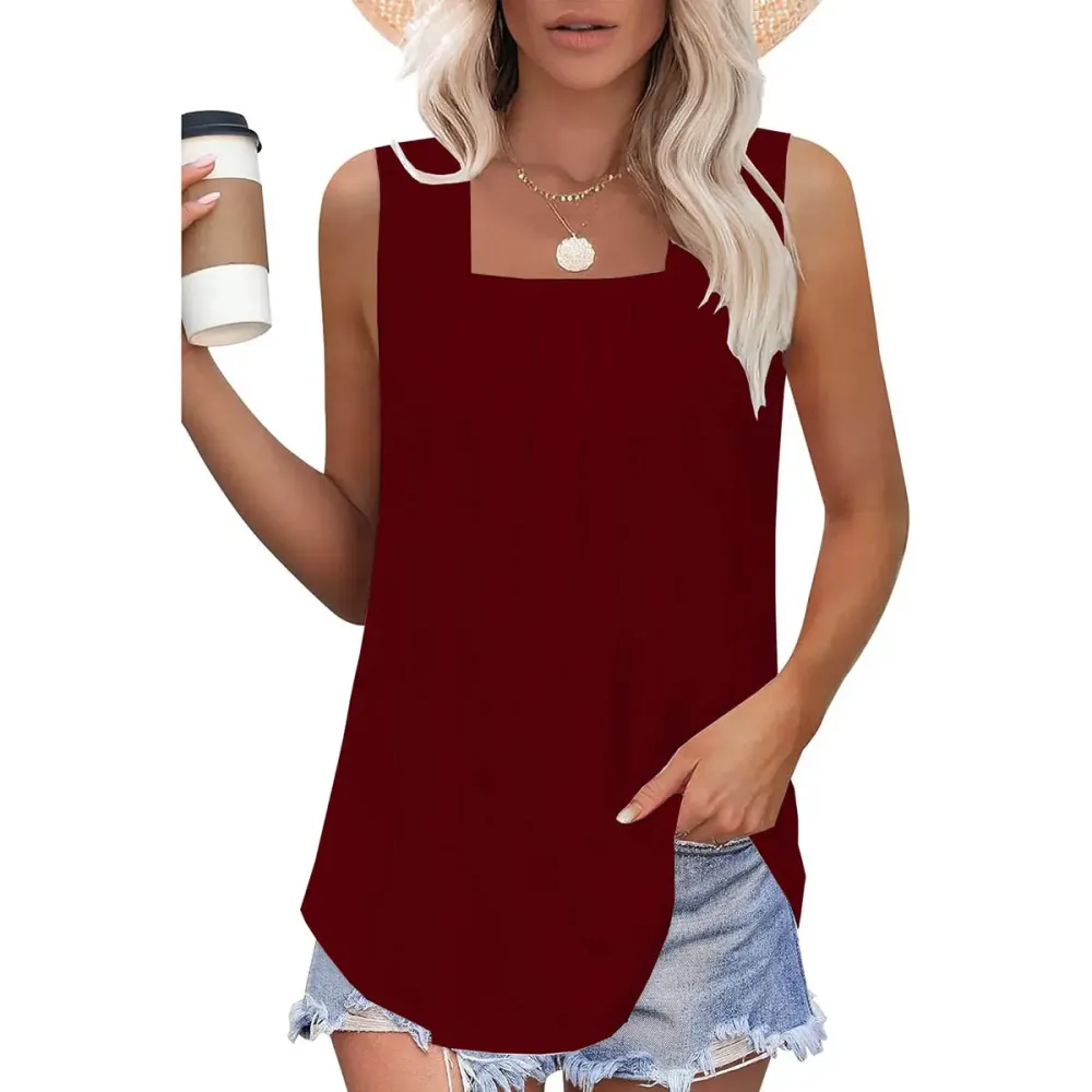 Summer Tank Tops for Women Loose Fit Pleated Square Neck Sleeveless Tops