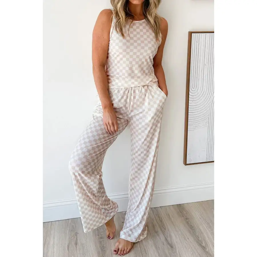 Ribbed Texture Checkered Print Tank and Pants Set