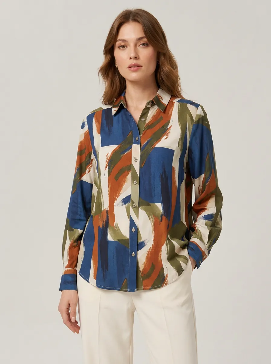 Women's Expressive Art Brushstroke Printed Long Sleeve Shirt