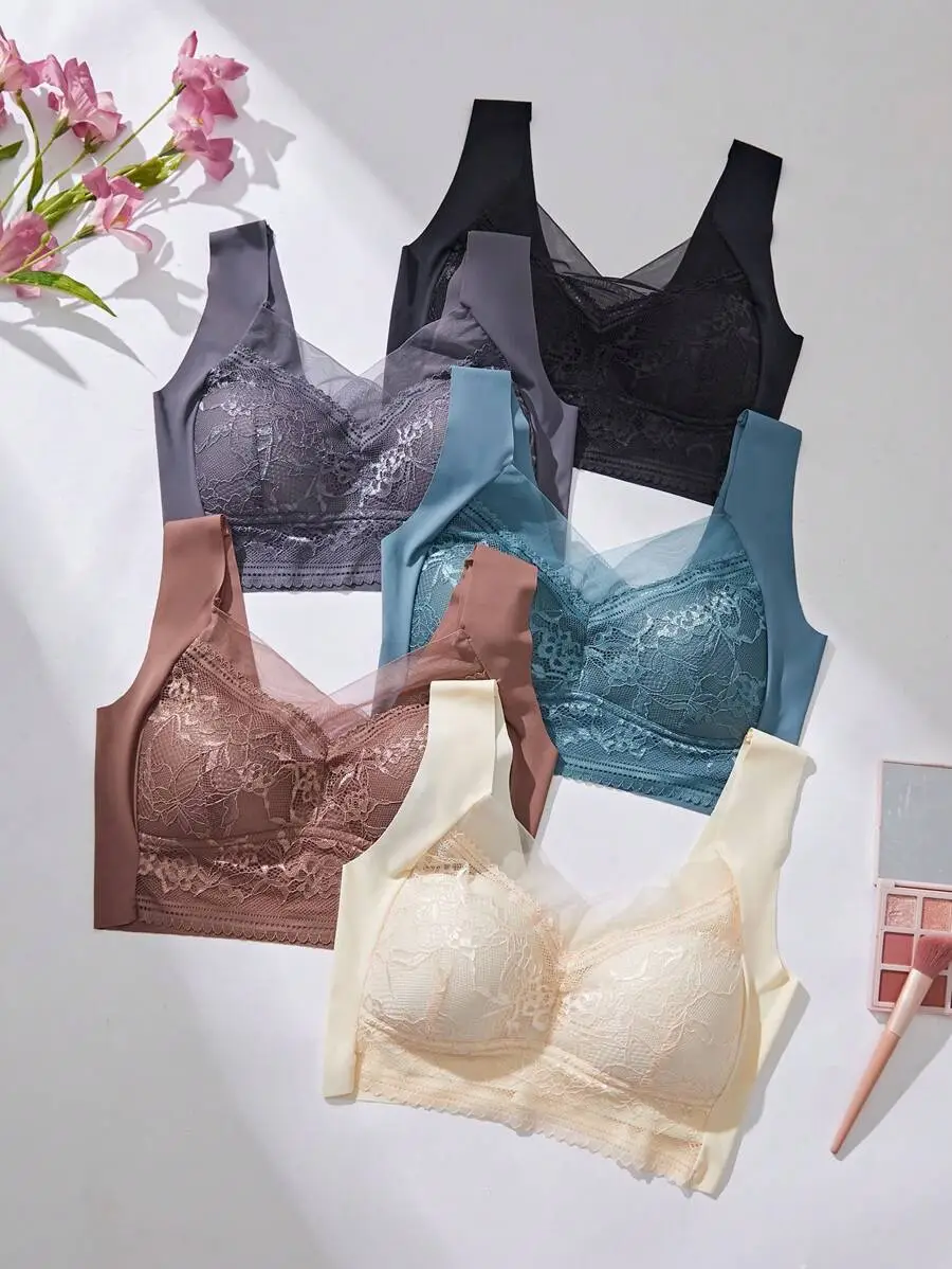 [6Pack]-Women'S Plain Contrast Lace BraSoftBreathable Push Up Bra U