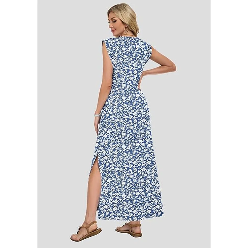 Women's Square Neck Sleeveless Floral Tiered Maxi Dress With Pockets