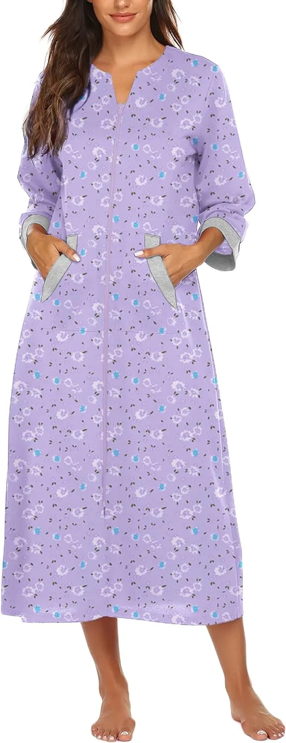 50% OFF Women Zipper Robe 3/4 Sleeves Loungewear Dress Full Length Sleepwear Pockets Housecoat Nightgown Long Bathrobe