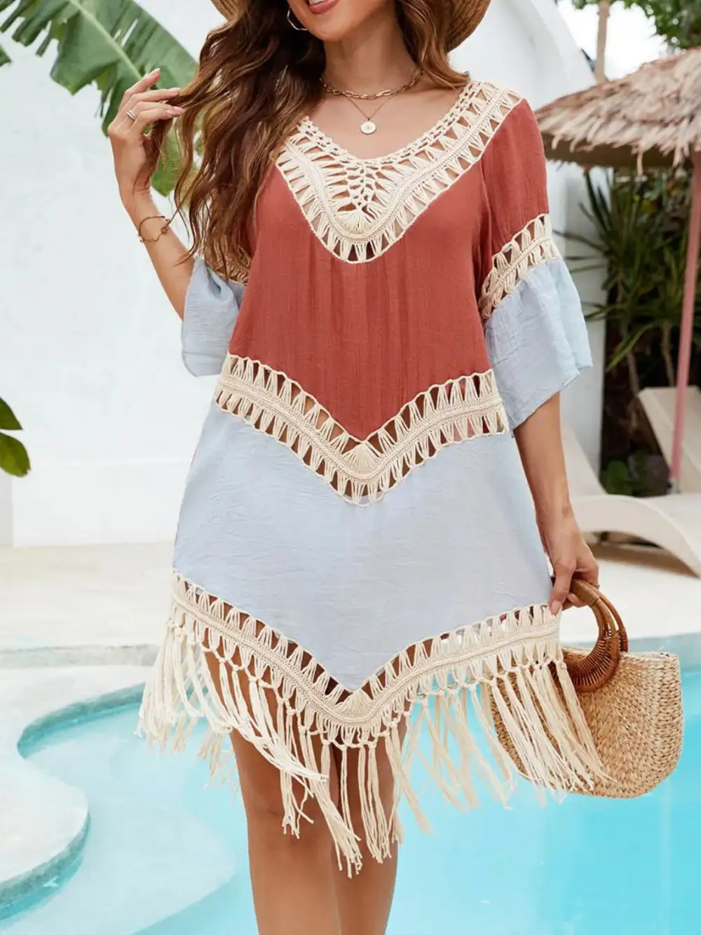 Backless Tassel Hem V Neck Swim Cover Up