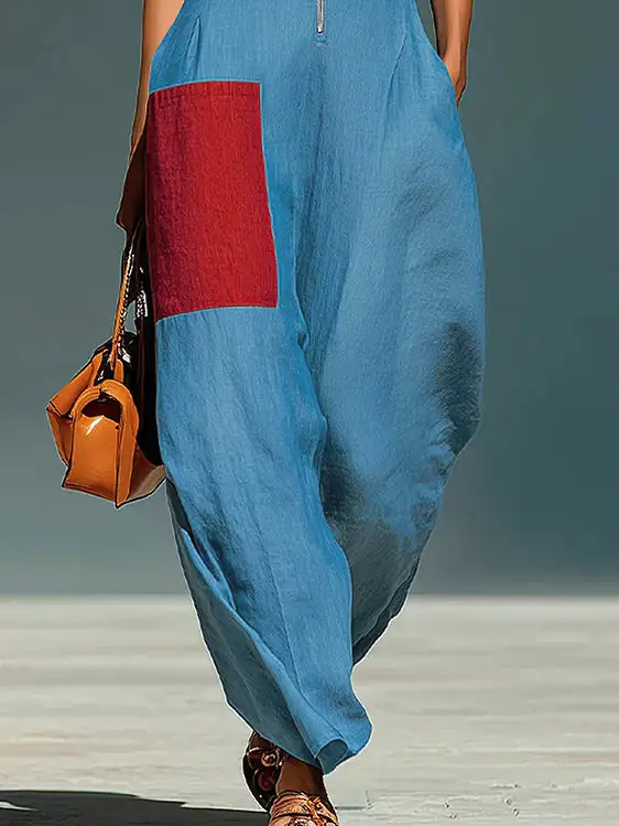 Losse Jumpsuits Met Wijde Pijpen Contrasterende Kleuren Zakken