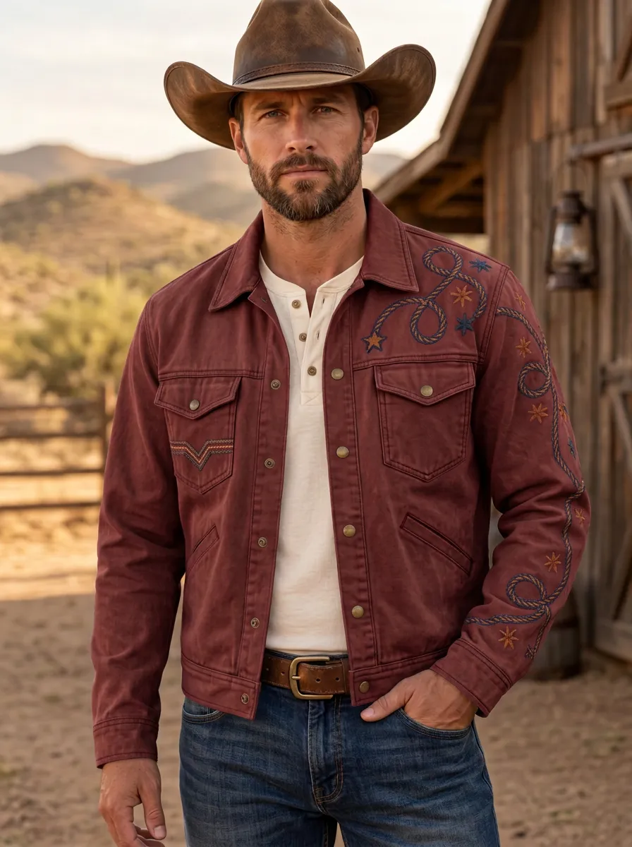 Men's Western Cowboy Lasso Star Embroidered Jacket