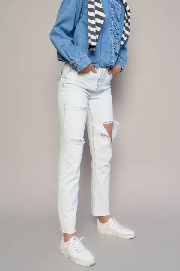 Women's High Rise Raw Hem Ripped Slim Straight Rigid Denim Jeans