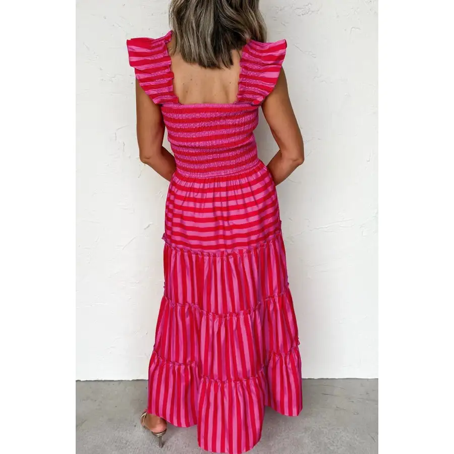 Stripe Flutter Sleeve Smocked Bodice Tiered Maxi Dress