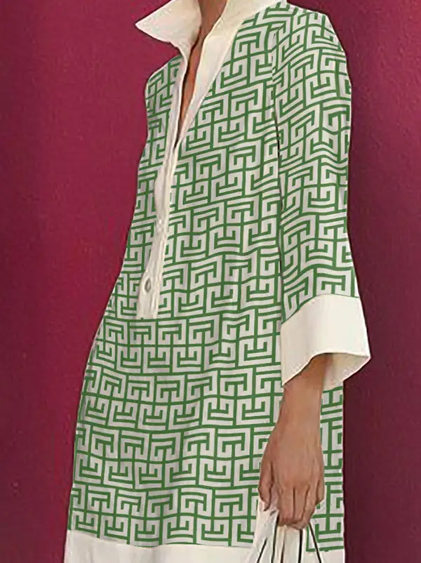 Long Sleeve Three Quarter Sleeve Buttoned Printed Lapel Mini Dress Shirt