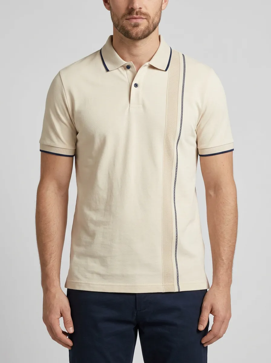 Men's Beige Vertical Striped Contrast Trim Printed Polo Shirt