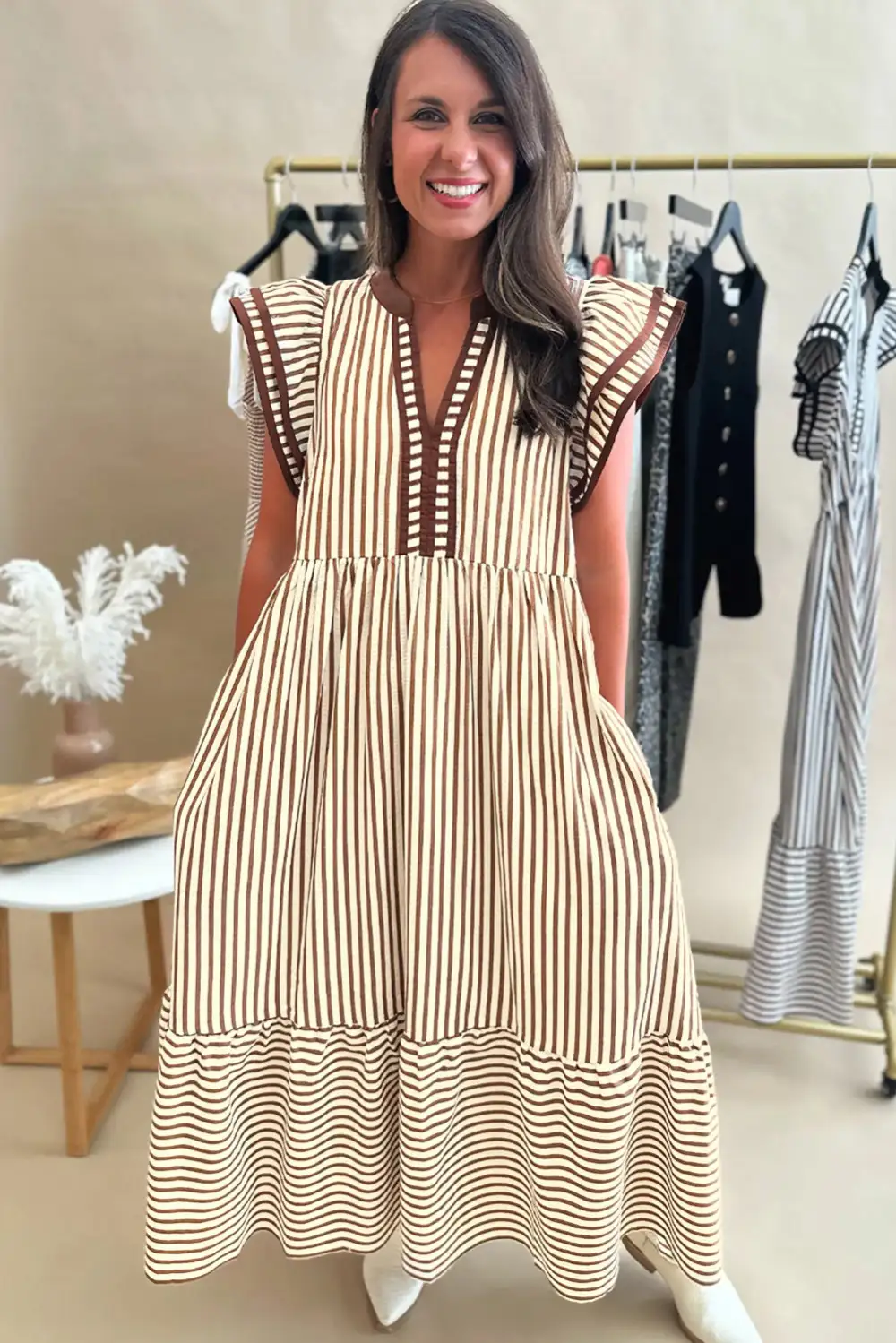 Lightweight Feel Striped V Neck Ruffle Midi Dress