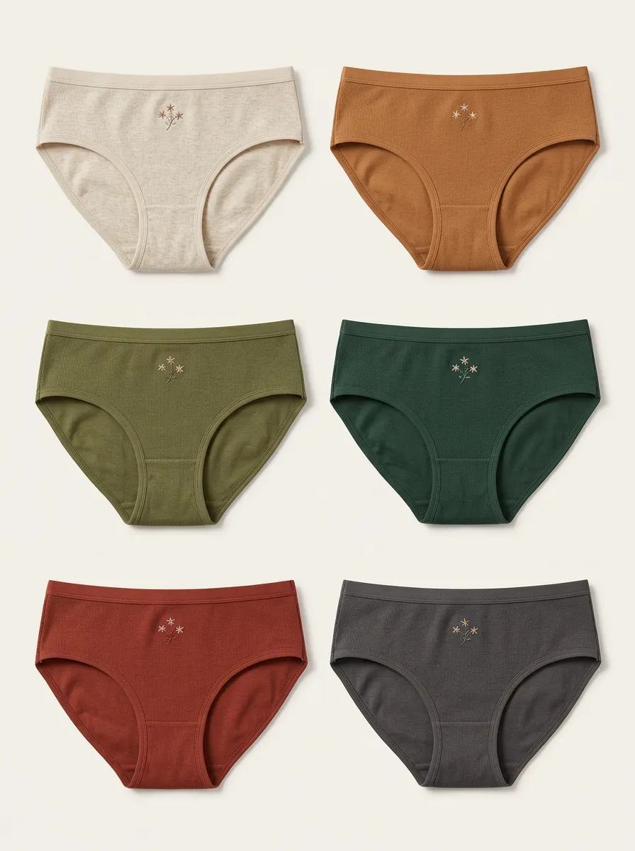 Women's Mid-Rise Ribbed Floral Embroidered Tonal-Binding Briefs Six Pack