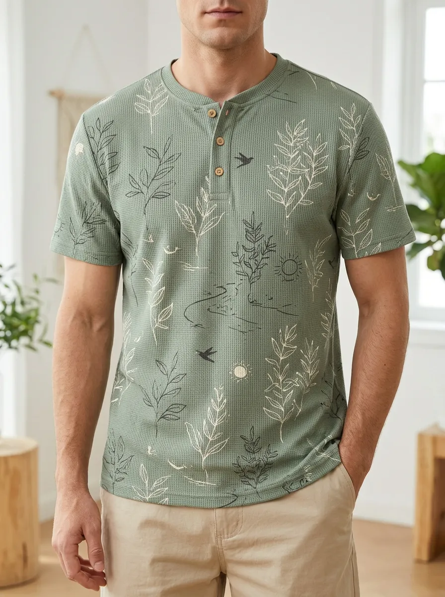 Men's Nature Lover Botanical Sun Bird Printed Waffle Henley T-shirt