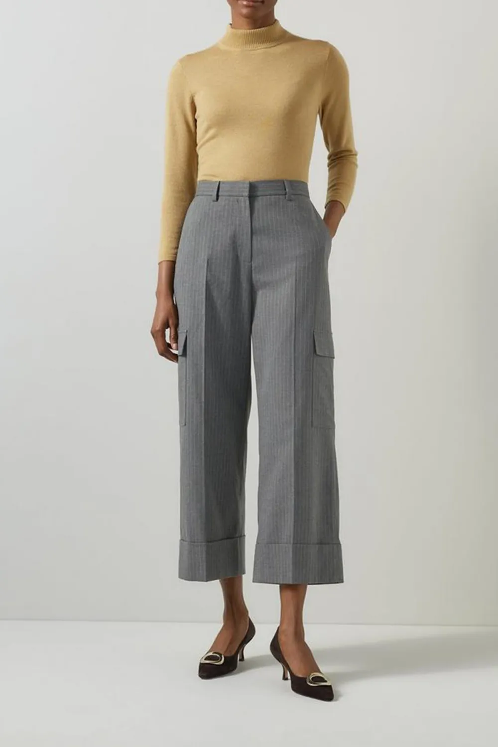 Grey Striped Cropped Wide Leg Trousers