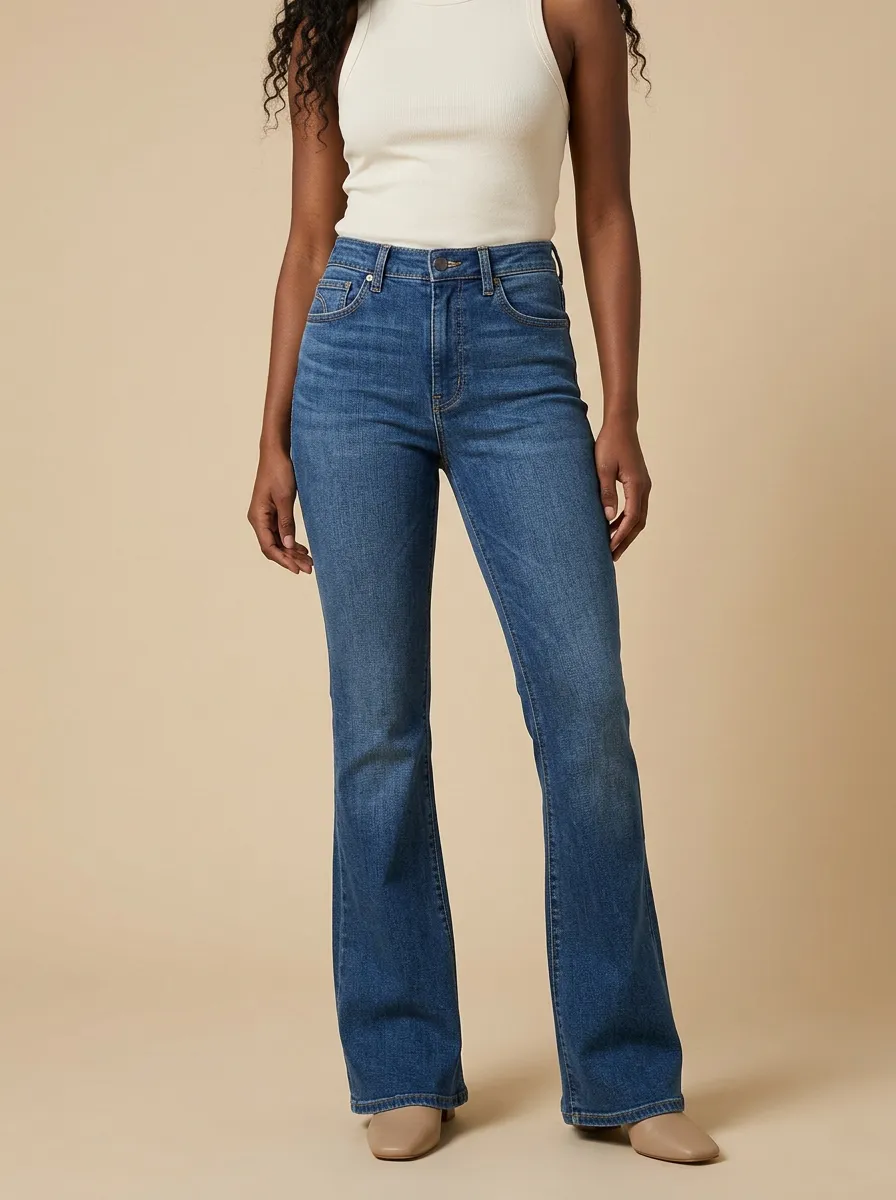 Women's High-Waisted Denim Flare High-Rise Waist Button Jeans