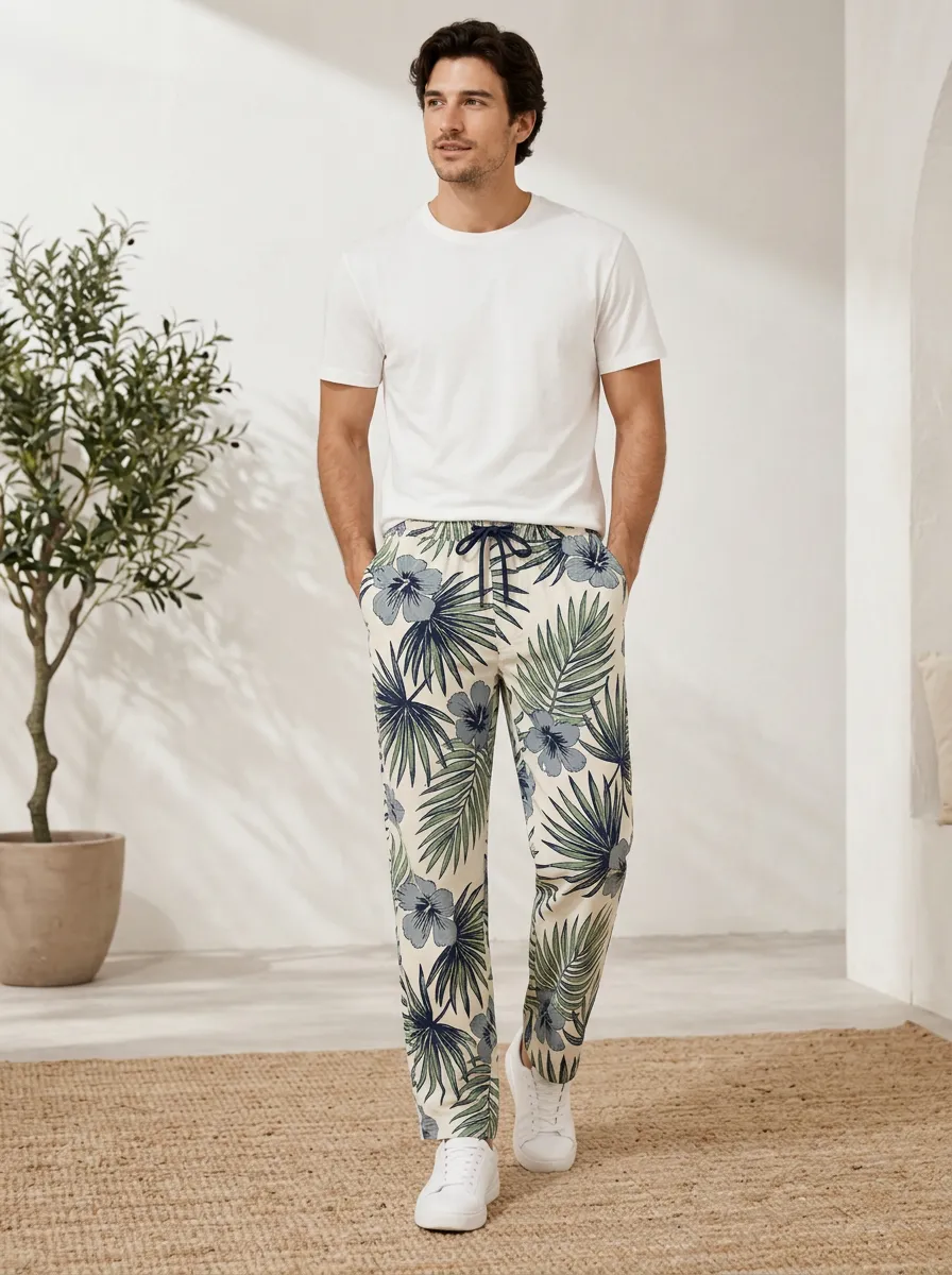 Men's Palm Leaf Hibiscus Resort Inspired Printed Pants
