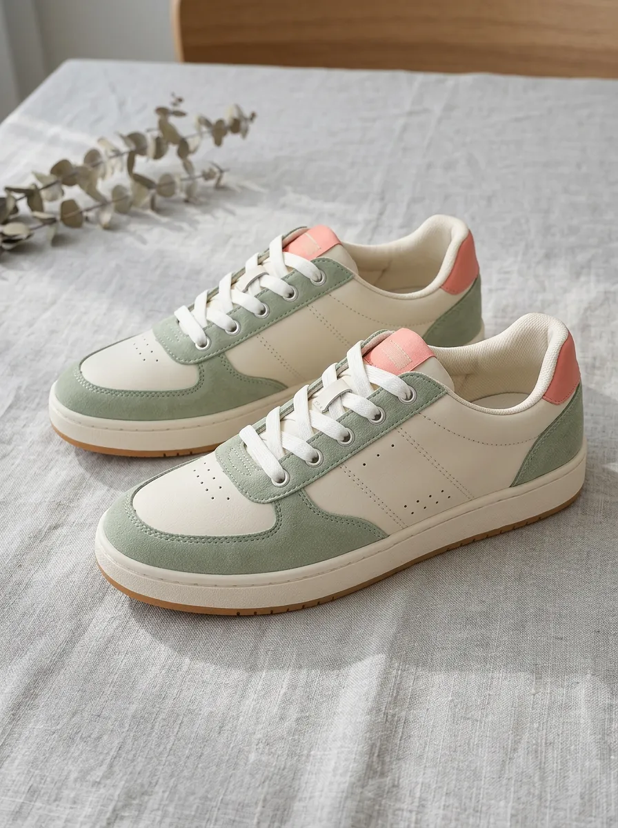 Women's Pastel Green and Pink Colorblock Lace-up Sneakers