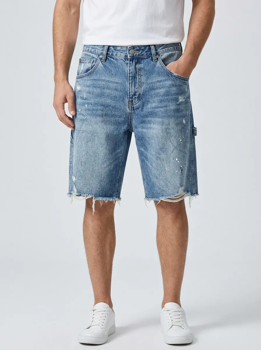 Men's Paint Splatter Distressed Street Inspired Distressed Denim Shorts