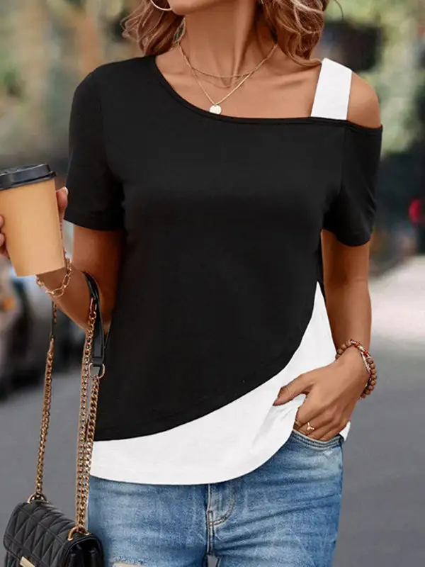 Relaxed Short Sleeve Asymmetric Contrast Panel Detail Cold Shoulder T-Shirt