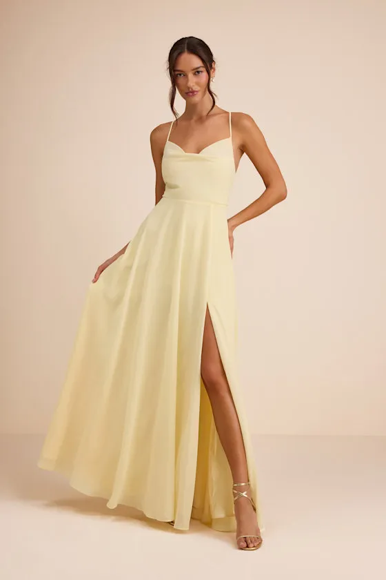 Romantically Speaking Light Yellow Cowl Lace-Up Maxi Dress