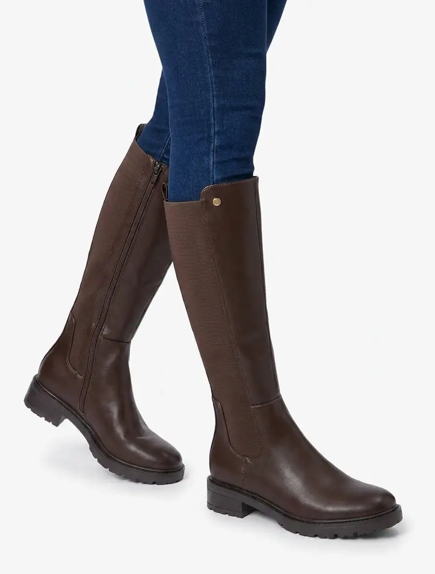 Everyday Stretch Panel Lug Sole Block Heel Faux Leather Knee High Boots