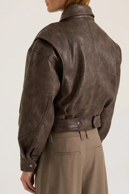 Carob Cropped Faux Leather Jacket