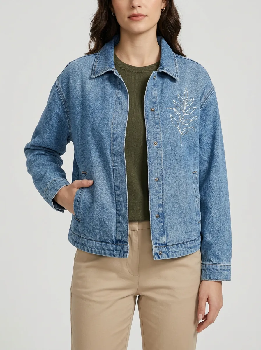 Women's Minimalist Botanical Leaf Printed Denim Jacket