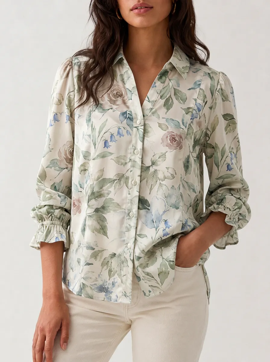 Women's Botanical Floral Point Collar Ruffle Cuffs Shirt