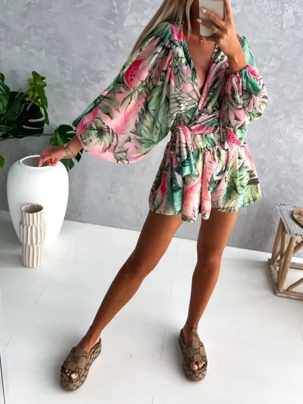 Woven Floral Long Sleeved V Neck Shorts