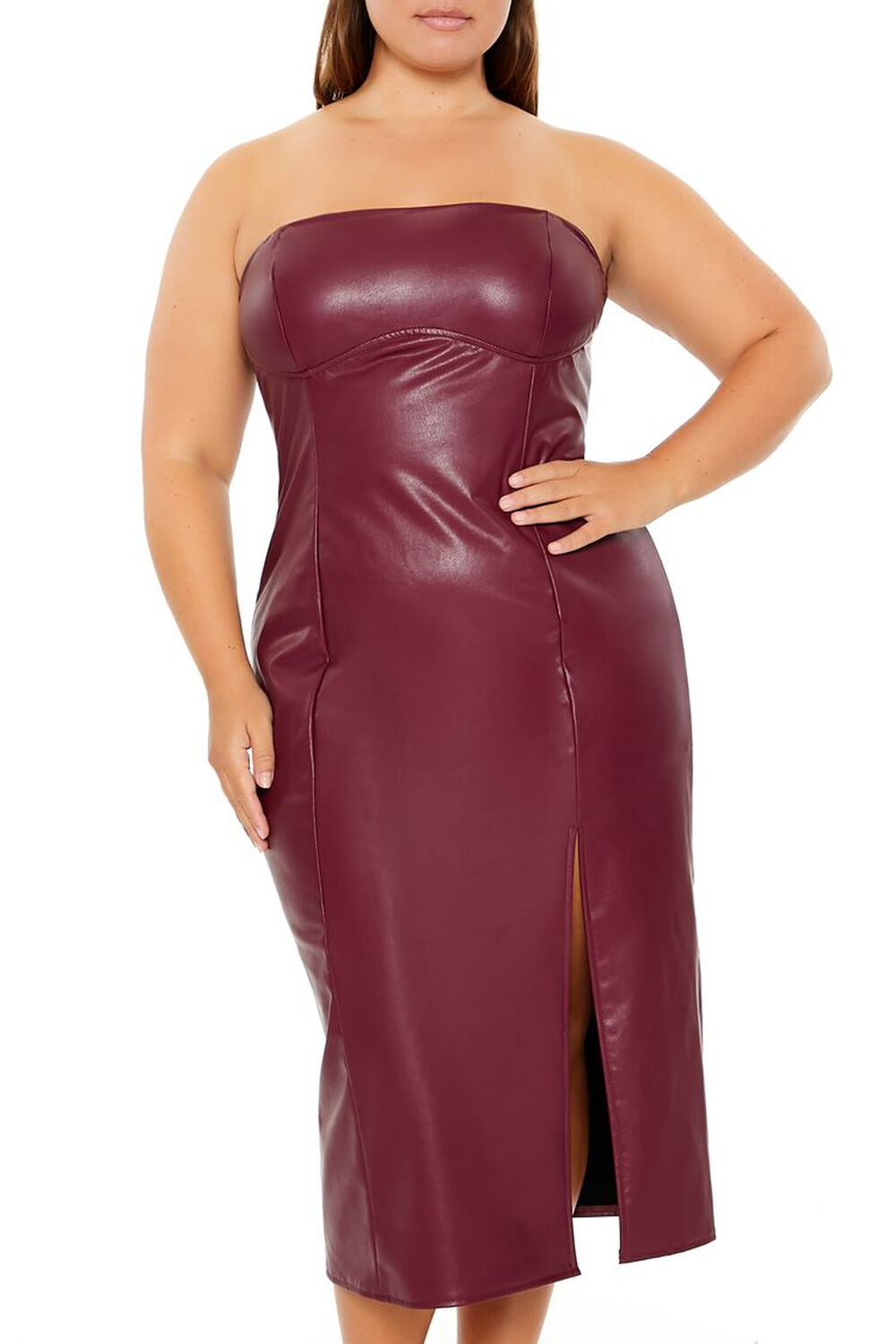 Plus Size Faux Leather Tube Midi Dress