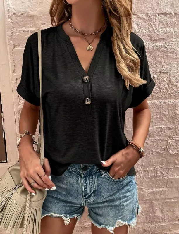 Refined V-Neck Collared Short-Sleeve Button-Detail T-Shirt